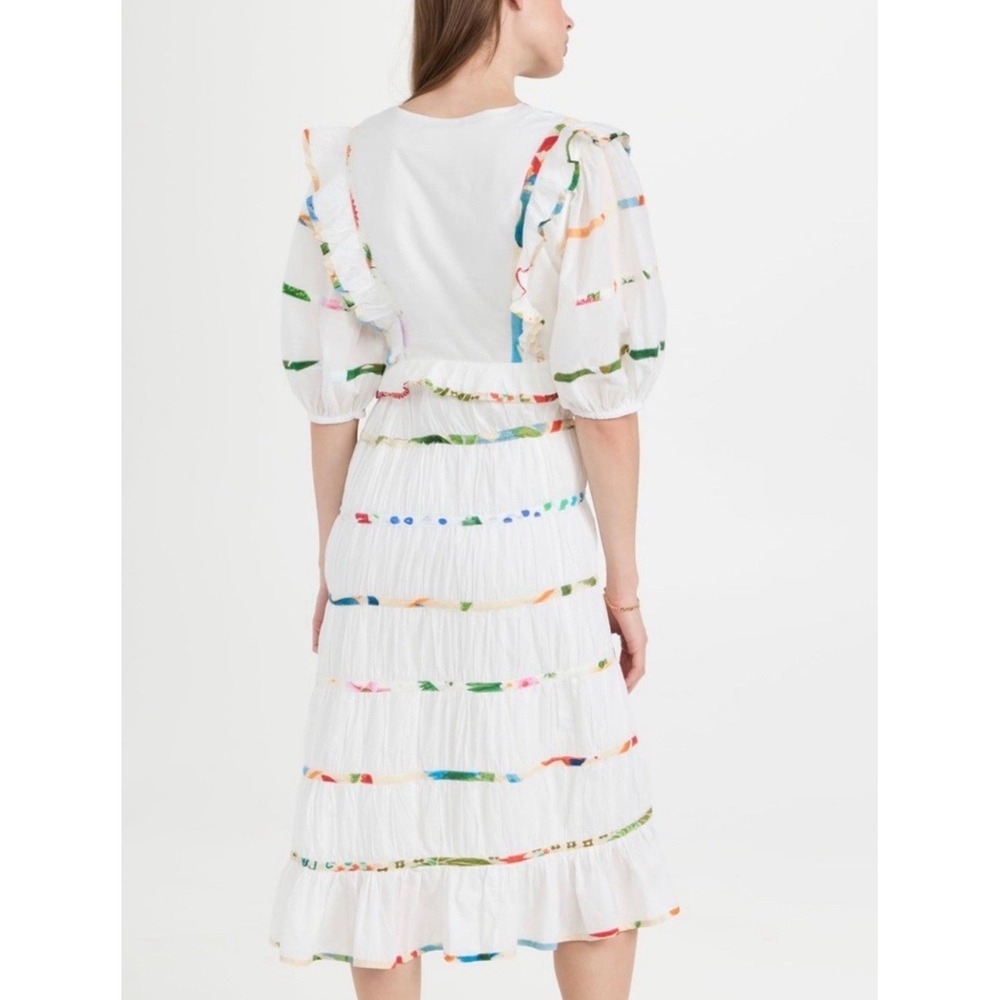 Farm Rio Mixed Print White Striped Midi Dress V-Neck Ruffle Puff Sleeves XS - Picture 2 of 8